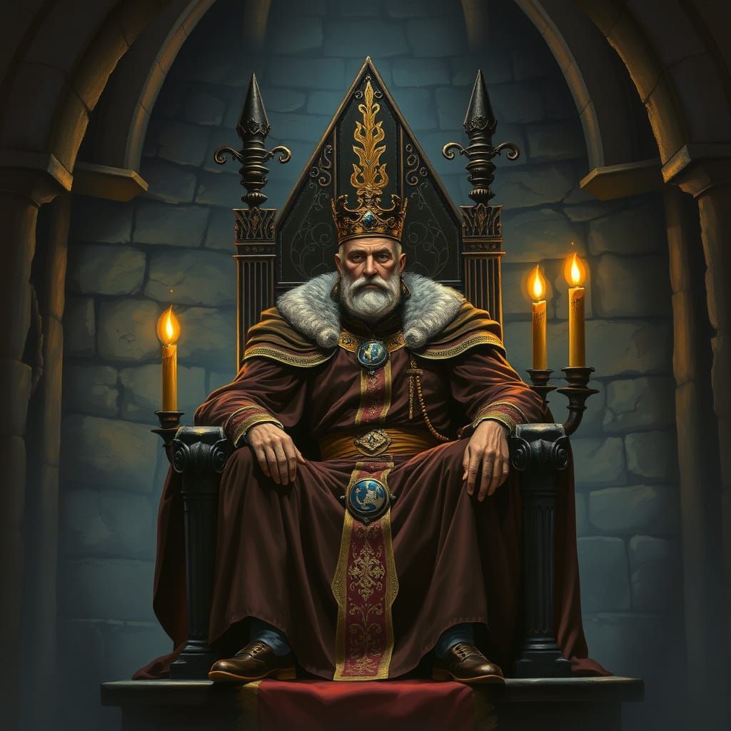 Regal King in Dark Medieval Throne Room