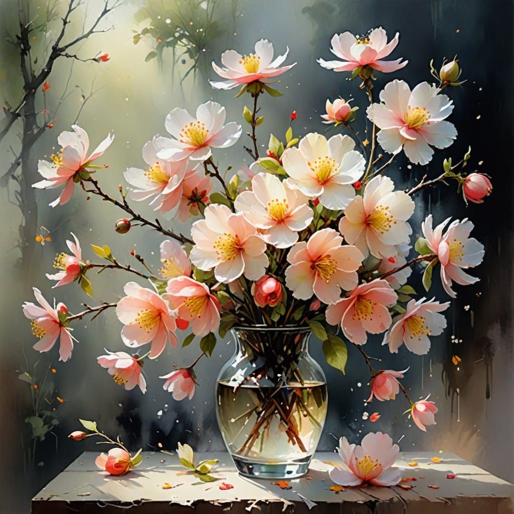 Enchanted Chaenomeles Blossoms in Whimsical Art