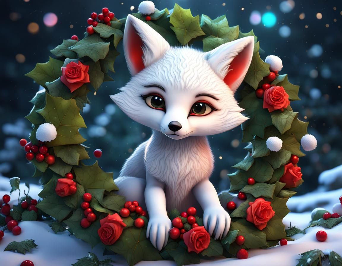 Cute Fox Cub in Christmas Wreath, Fantasy Art