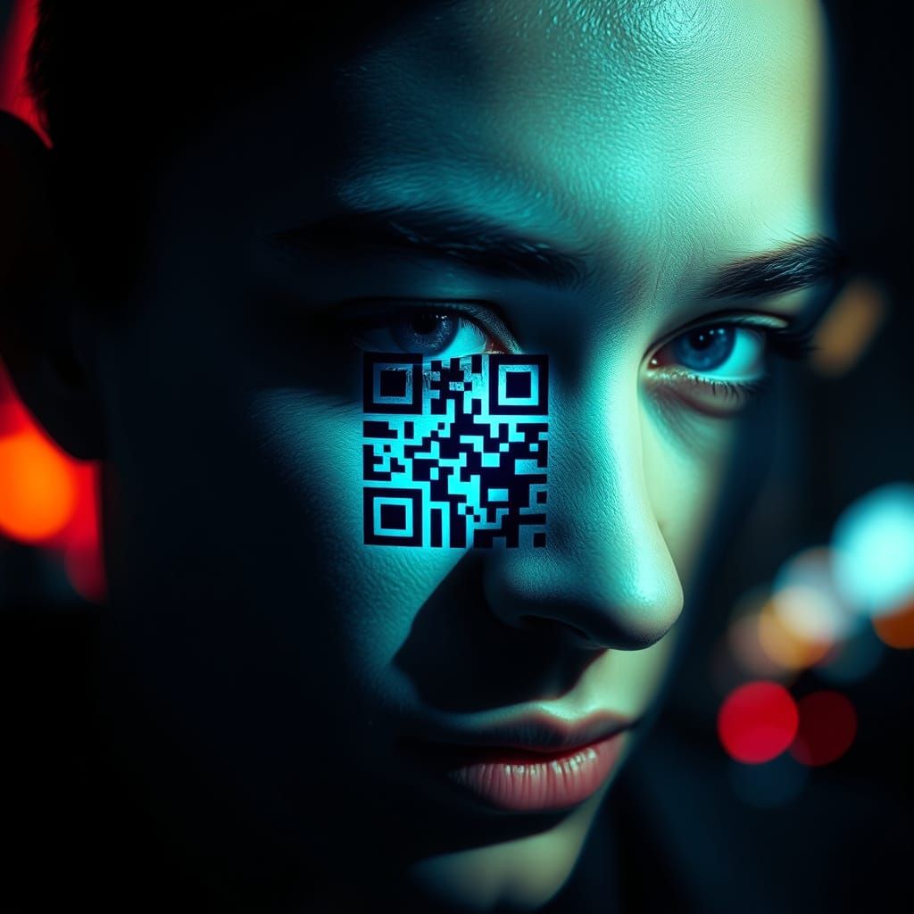 Face with QR Code: Digital Identity in Cyberpunk Style