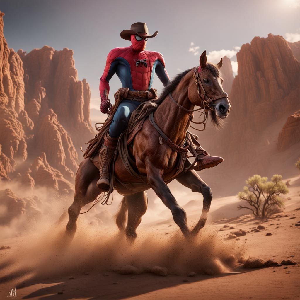 Cowboy Spider-Man Rides in Desert Landscape