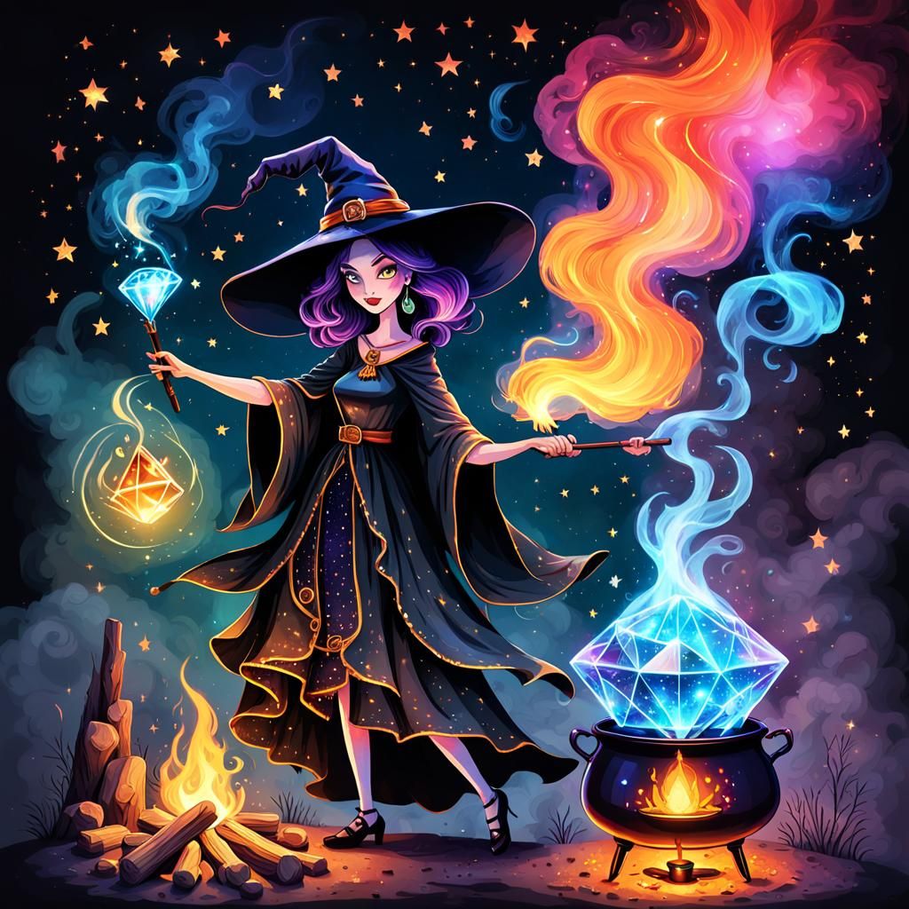 Die Diamanten Hexerin 
a beautiful witch holding a magic wand with a huge diamond at the end, next to a magic pot on a c...