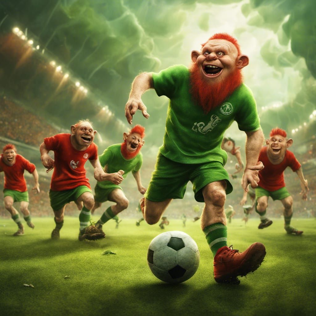 Leprechauns vs Trolls Soccer Match in Hyper-Realistic Detail