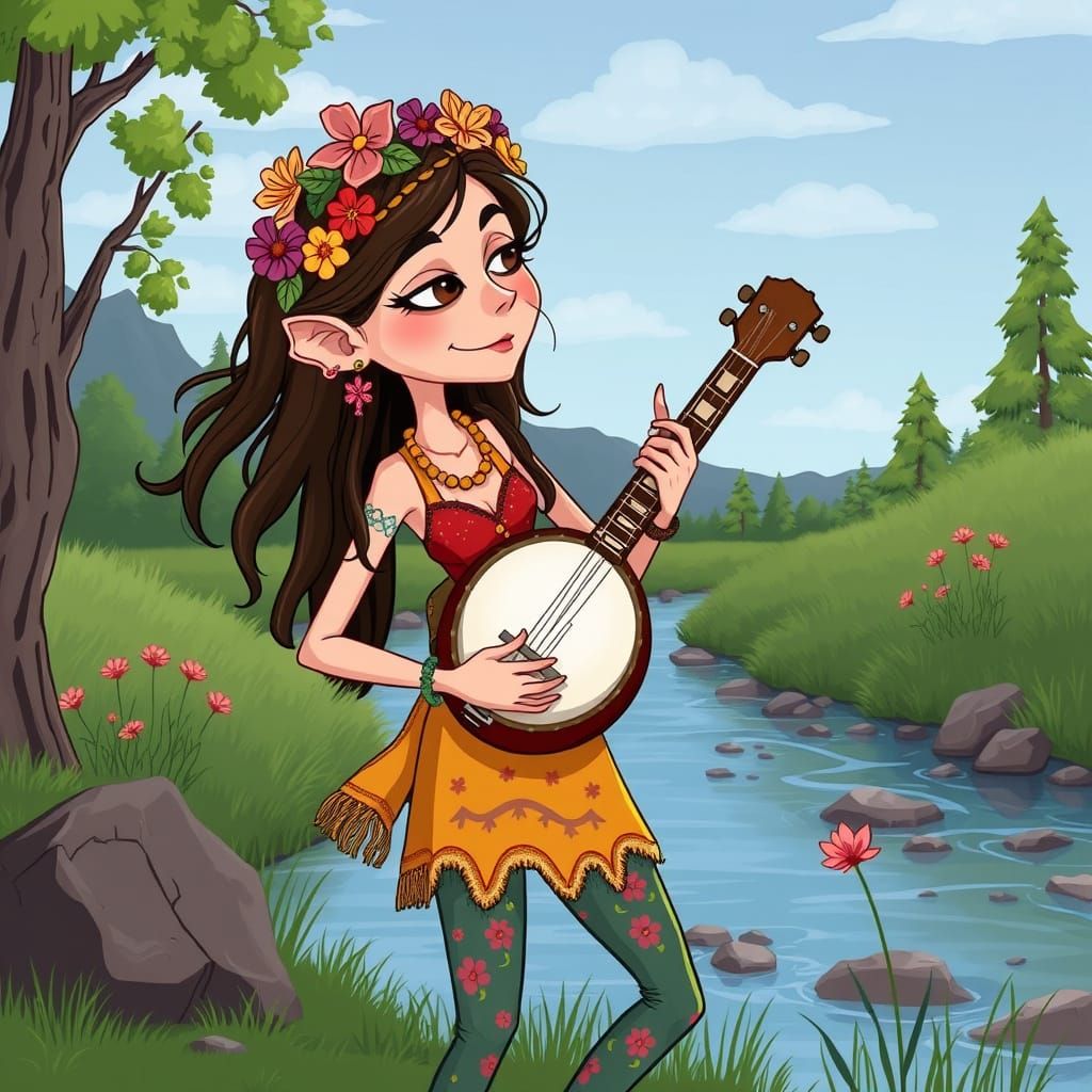 Free-Spirited Woman Picks Banjo by Riverbank