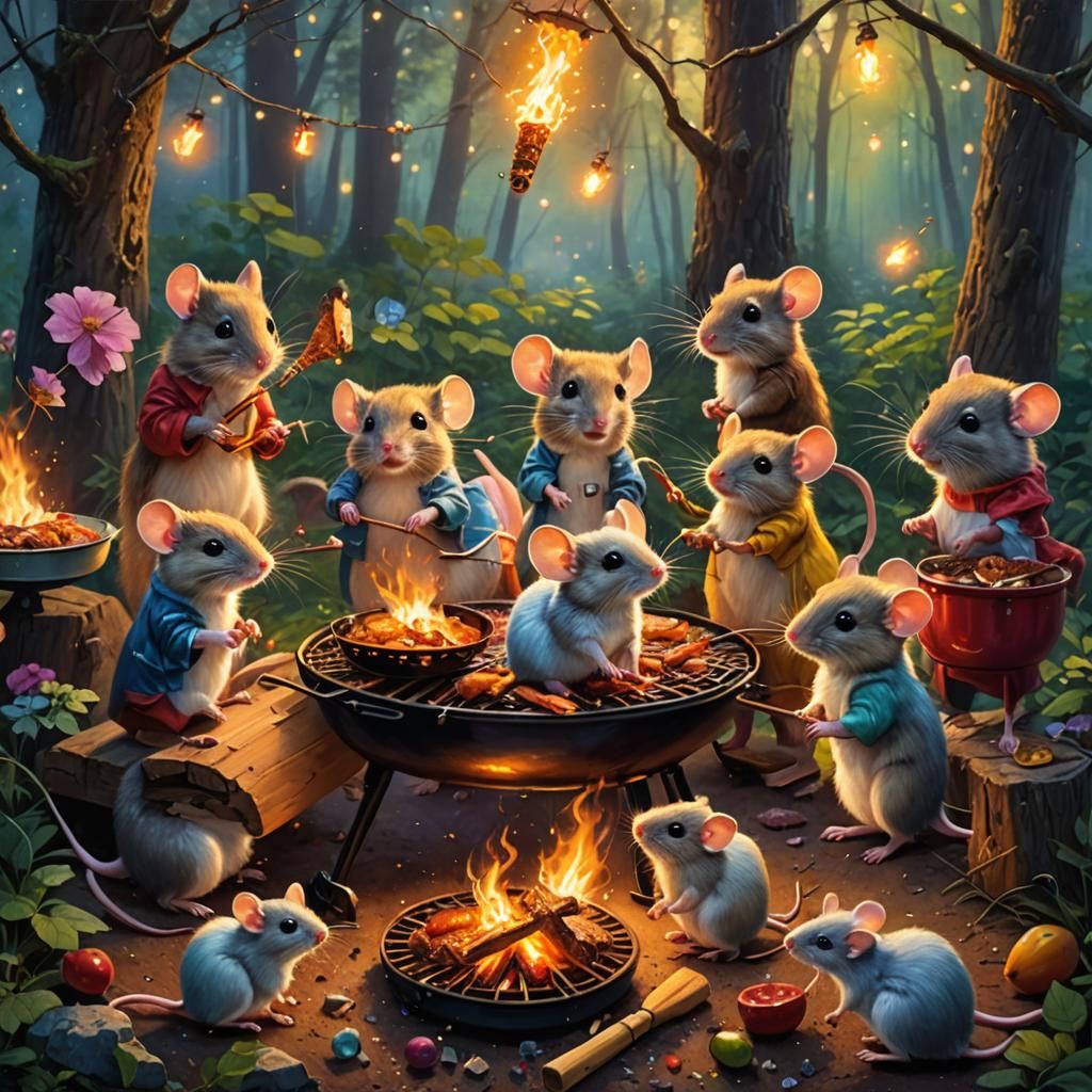 Mice Barbecue in Forest, Cinematic Oil Painting