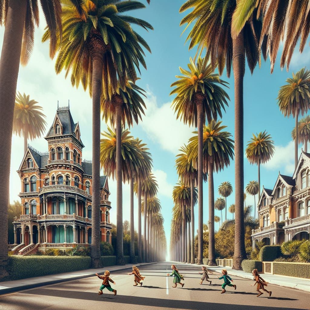 Victorian Boulevard with Palm Trees and Flying Elves