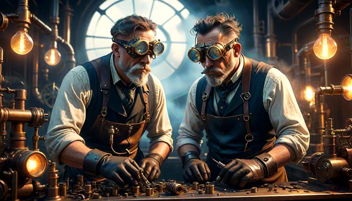 Steampunk Inventors in a Dimly Lit Workshop