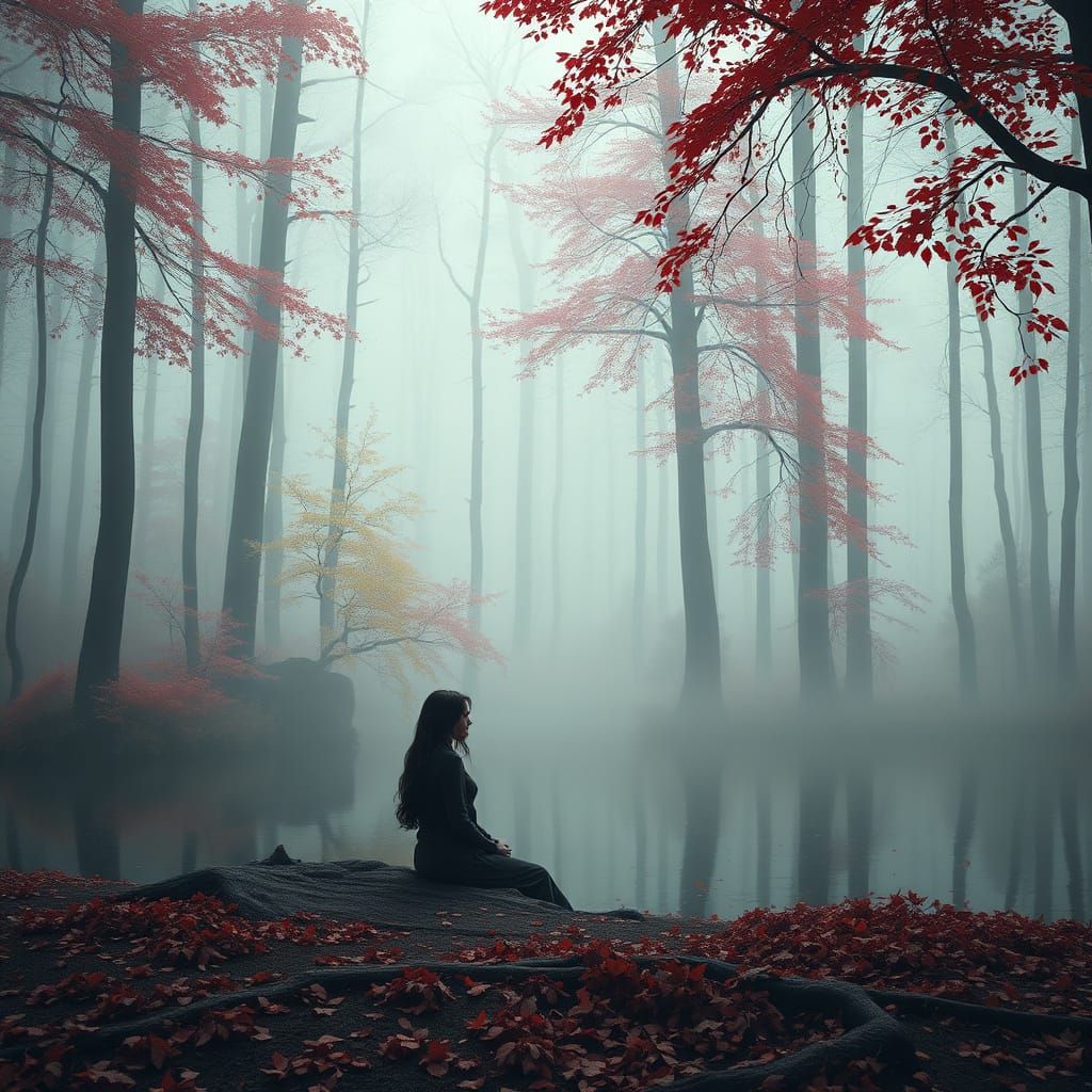 Misty Forest Serenity with Woman and Autumn Leaves