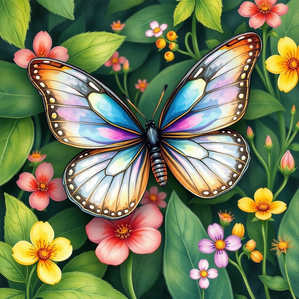 Iridescent Butterfly in Dreamlike Illustration Style