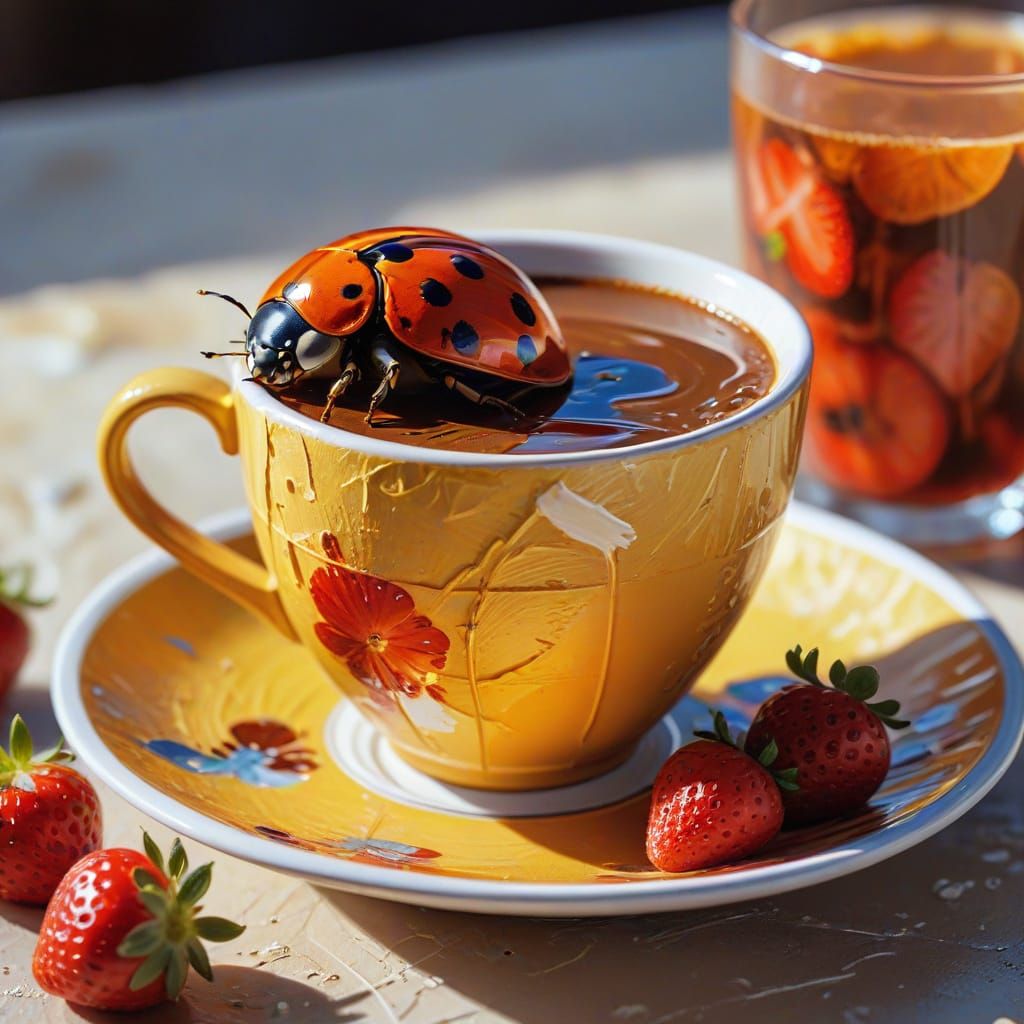 Ladybug on Cup in Gouache Style with Macro Details