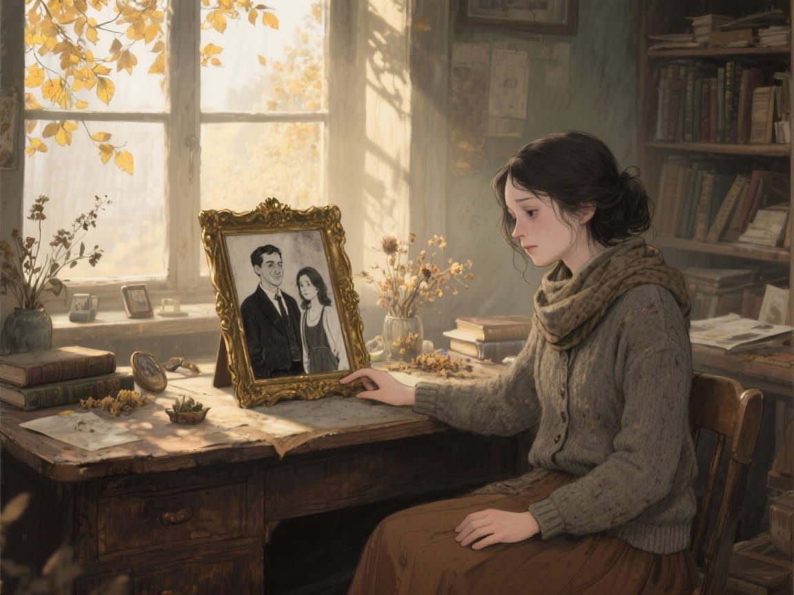 Nostalgic Study Scene With Sorrowful Woman and Photo