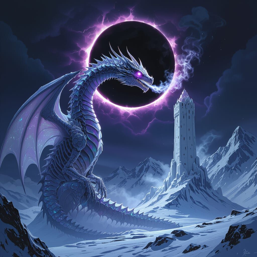 Spectral Bone Dragon Circles Tower During Eclipse
