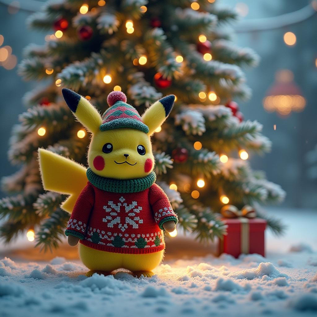 Festive Pikachu Christmas Scene in Futuristic Style