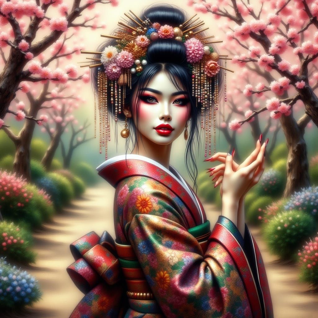 Elegant Geisha in Tranquil Garden, in Ukiyo-e Style