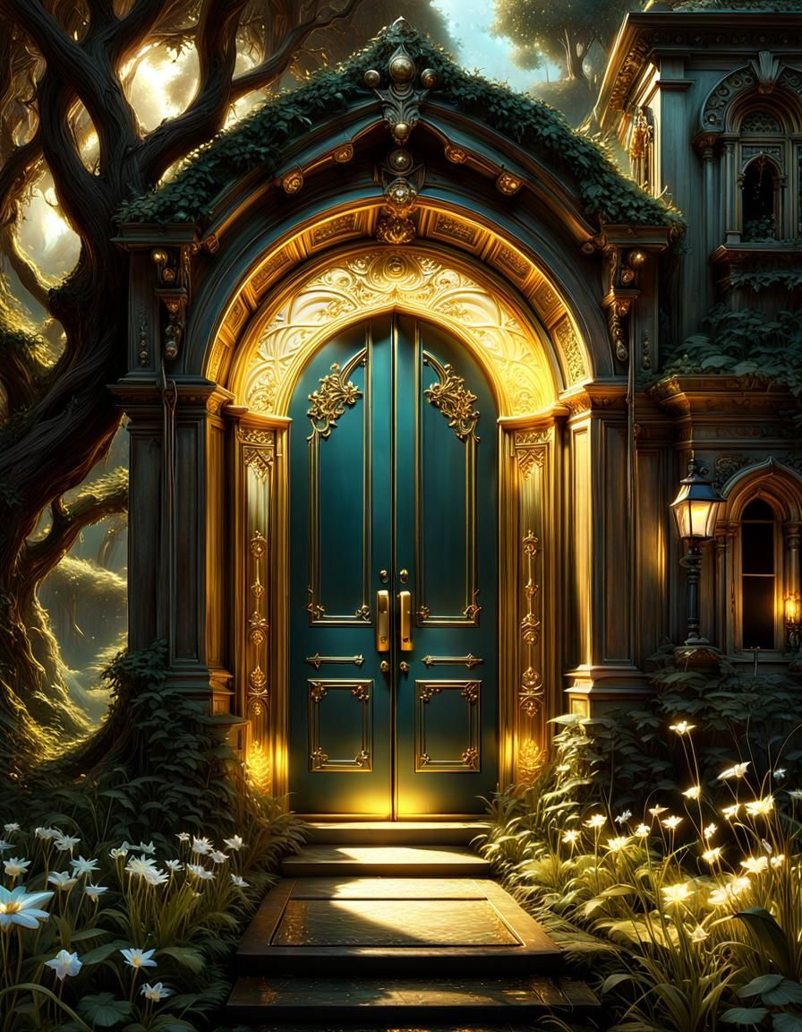Bioluminescent Fairy Landscape with Golden Door