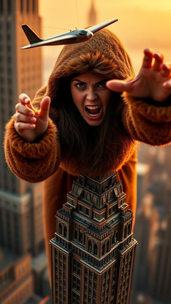 Playful Woman as King Kong on Empire State Building