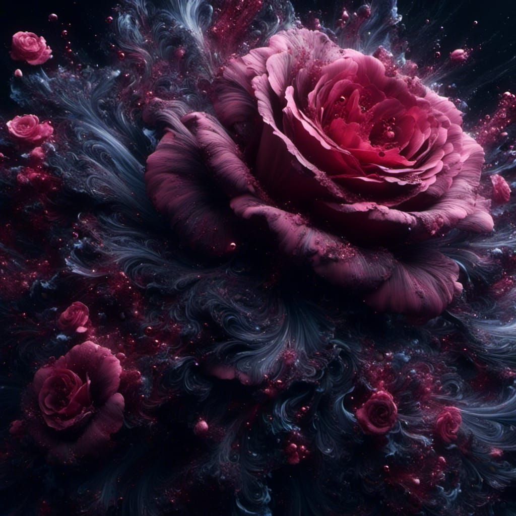 Exploding Rose Bloom with Black Sparkle Effect