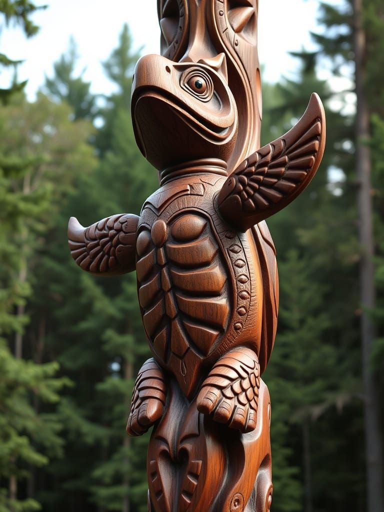 Intricate Turtle Totem Pole in Forest Setting