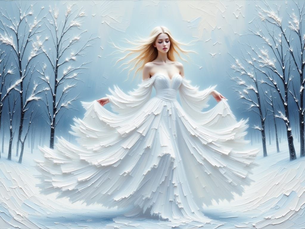 Ghostly Woman in Snowy Landscape as Impasto Painting