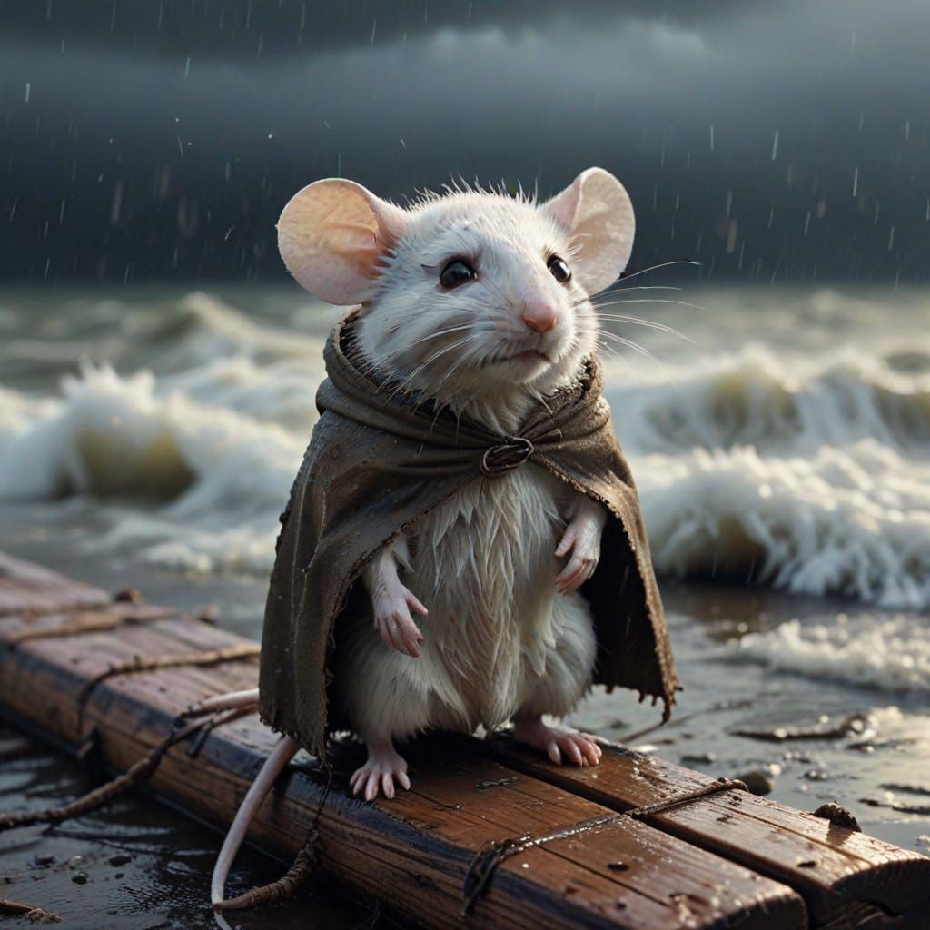 Ethereal Mouse on Rainy Wooden Raft, in Dark Stormy Landscap...