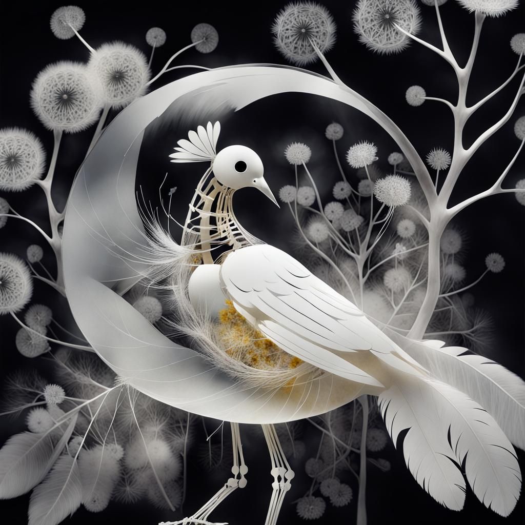 Dreamscape Photogram of White Bird with Flowers