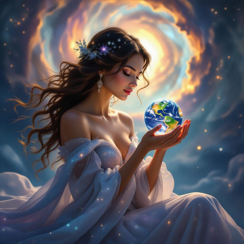 Gaia, Earth Goddess, Holds a Radiant Planet