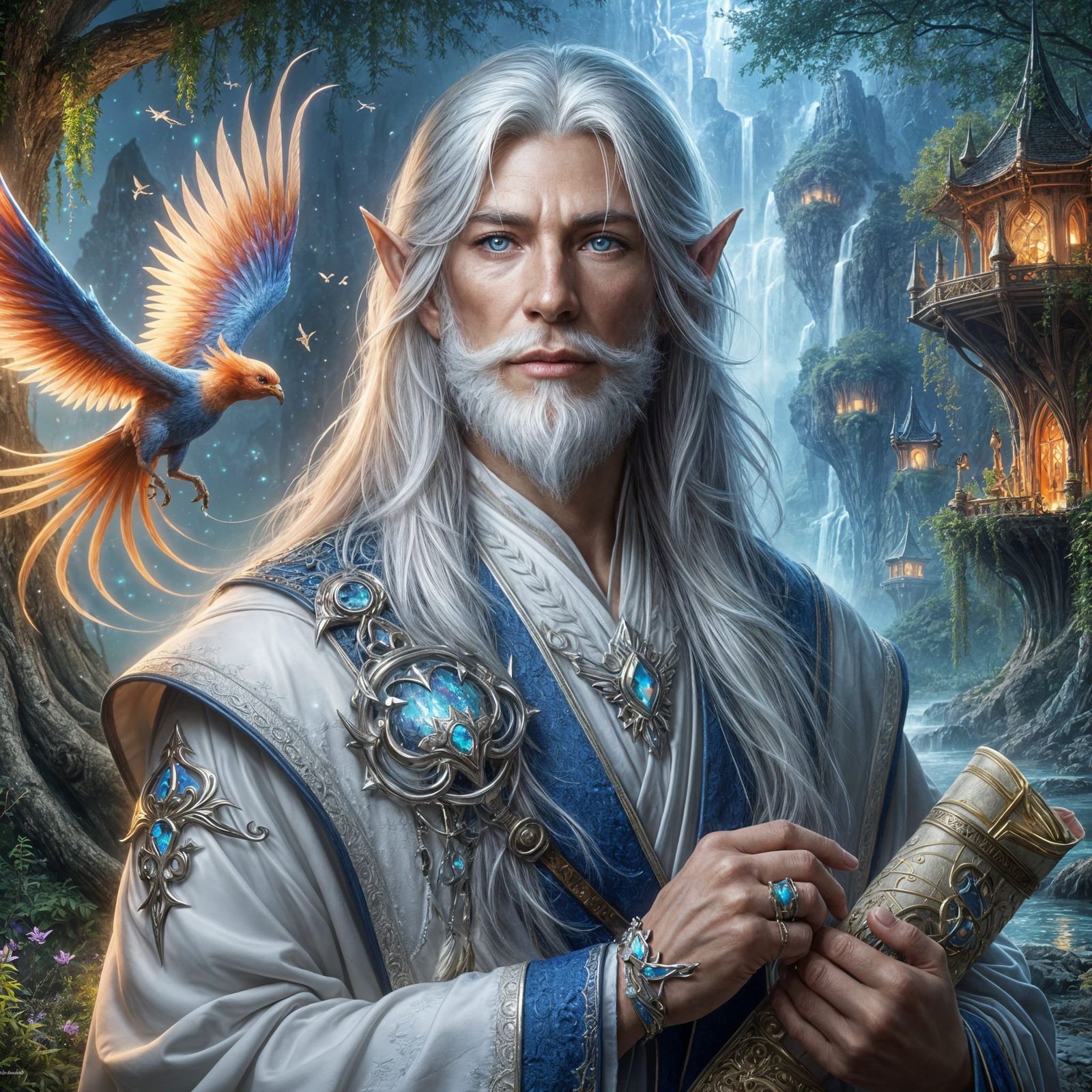 Wise Elf Scholar Portrait in Mystical Forest