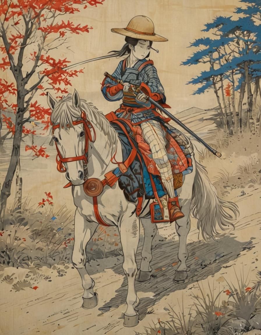 Female Samurai on Horse in Ukiyo-e Style