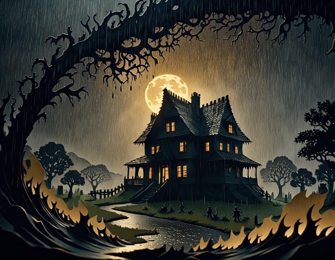 Dark House of Hopelessness in the Rain, Horror Papercut Art