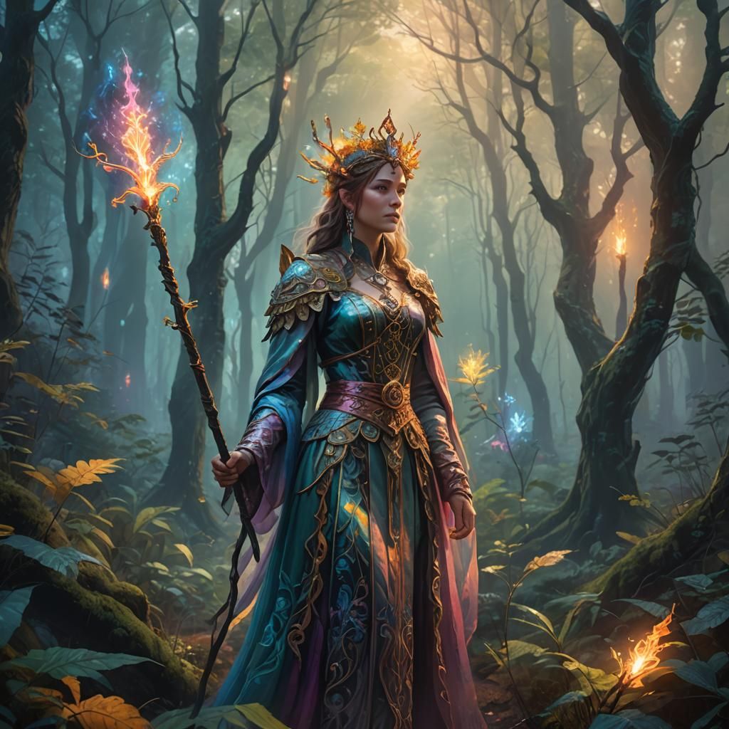 Woman with Glowing Staff in Mystical Forest Oil Painting