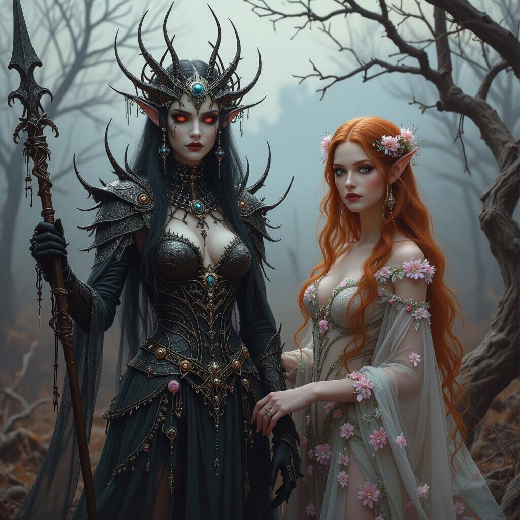 Elven Spider-Goddess and Flower Goddess in Oil Realism