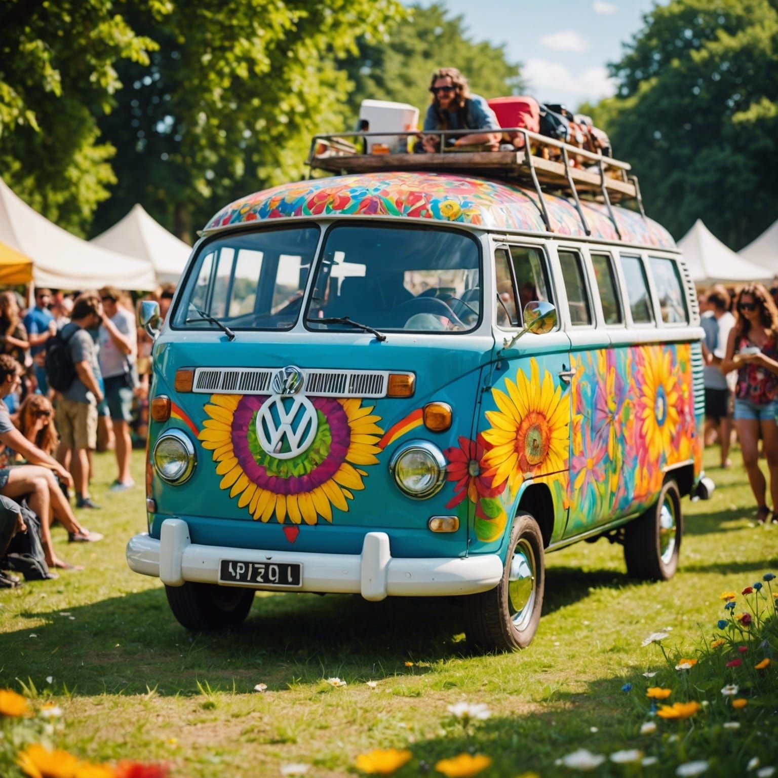 Flower-Painted VW Van at Music Festival
