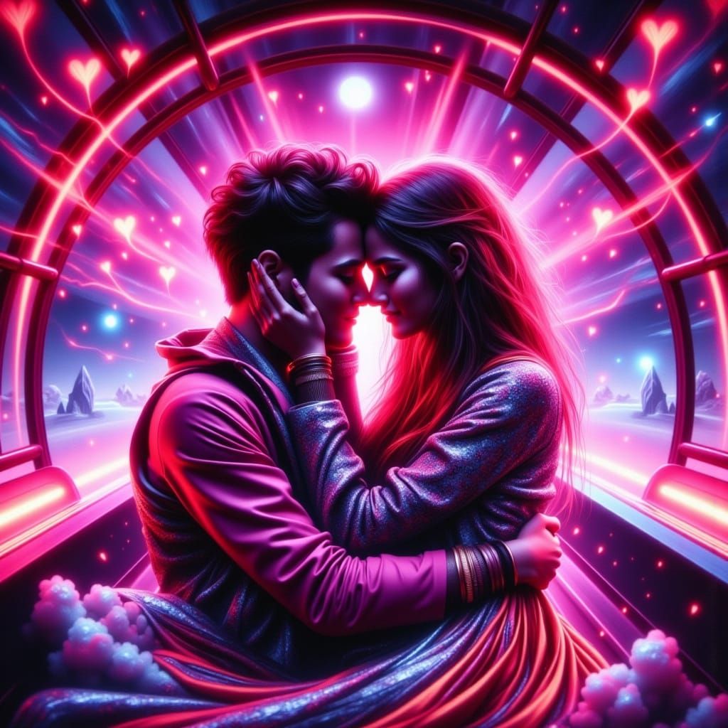 Retro-Futuristic Couple Embracing in a Neon-Lit Love Machine