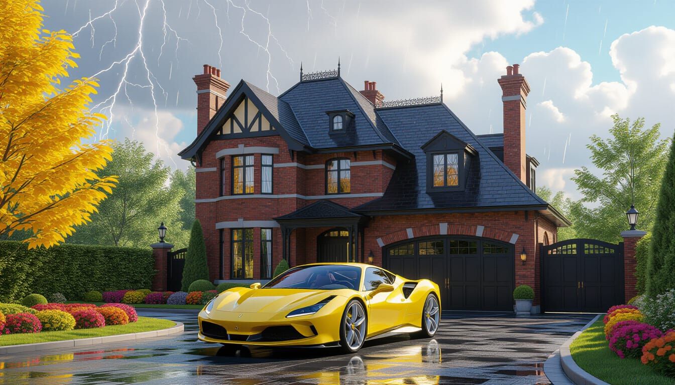 Victorian Chateau with Ferrari in Stormy Garden