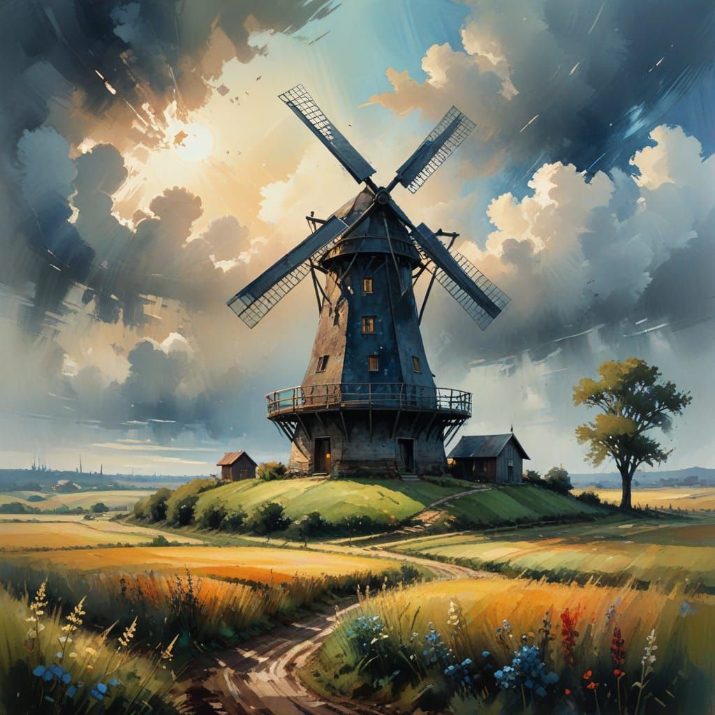 Rural Windmill in Neo-Impressionist Watercolor Style