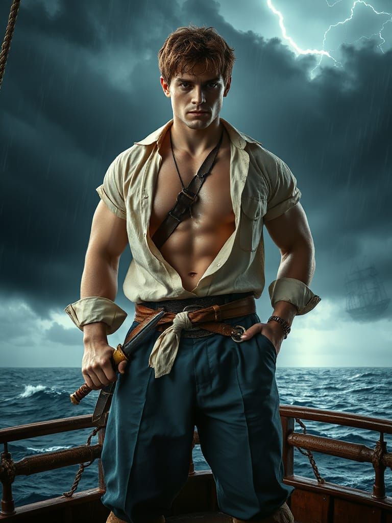 Heroic Pirate Captain on Stormy Seas with Scimitar