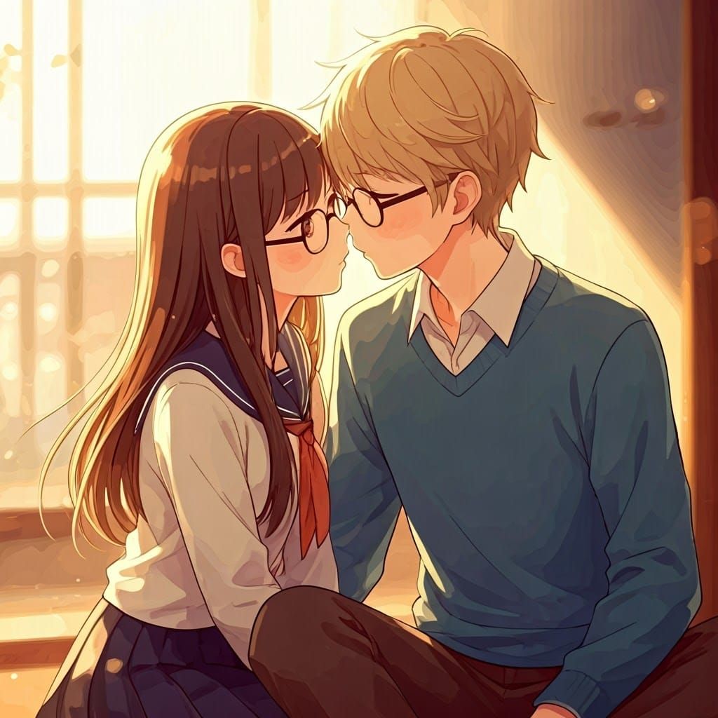 Anime Couple Kissing in Watercolor Style