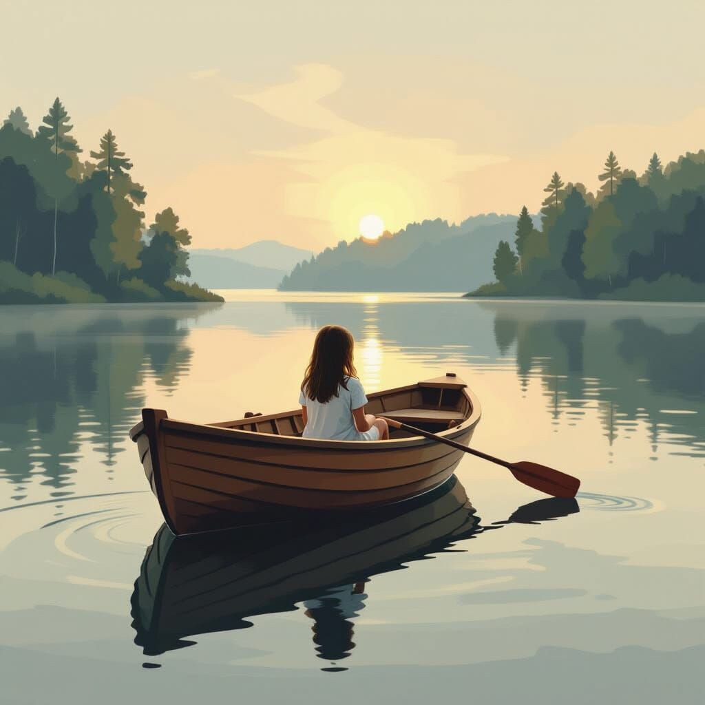 Serene Girl in Rowboat on Calm Water
