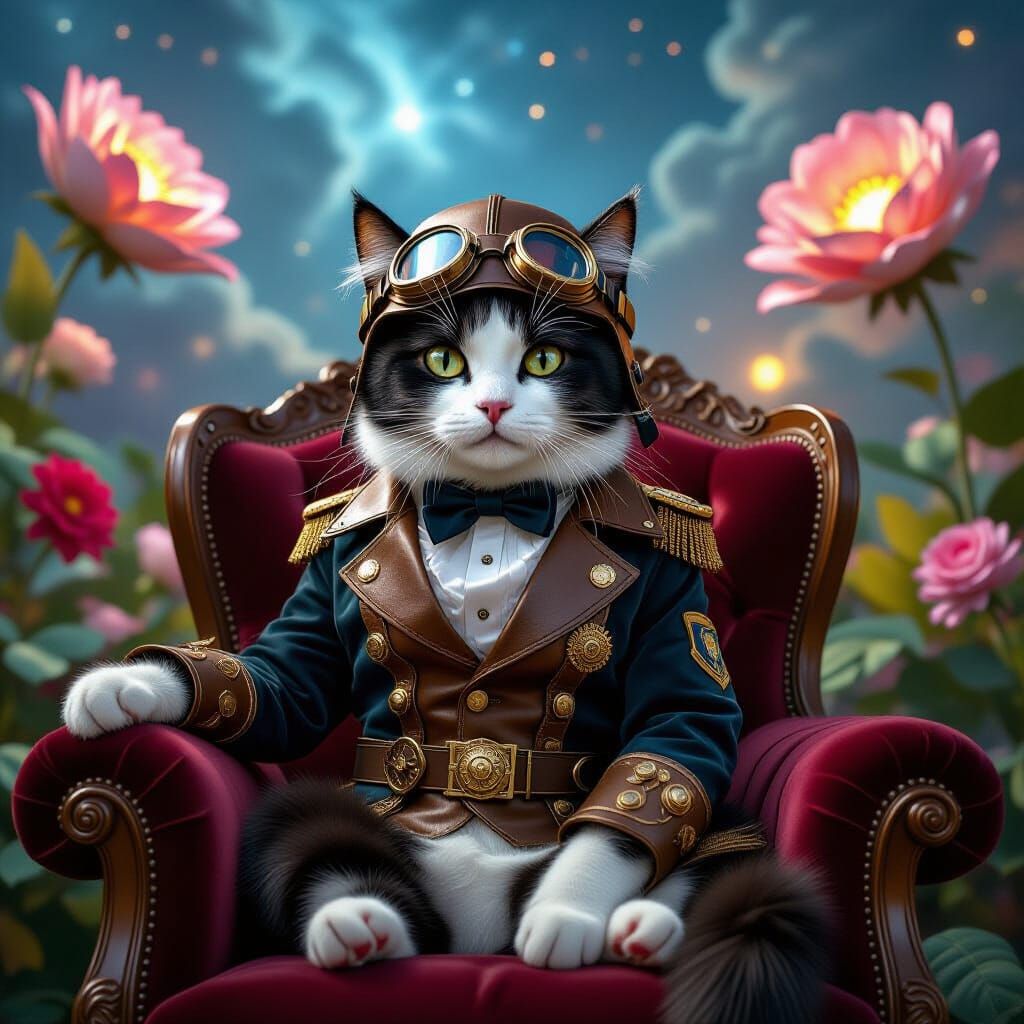 Steampunk Cat Aviator in Whimsical Garden