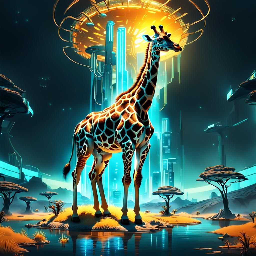 Futuristic Island Floating Above Giraffe in Cyberpunk Style