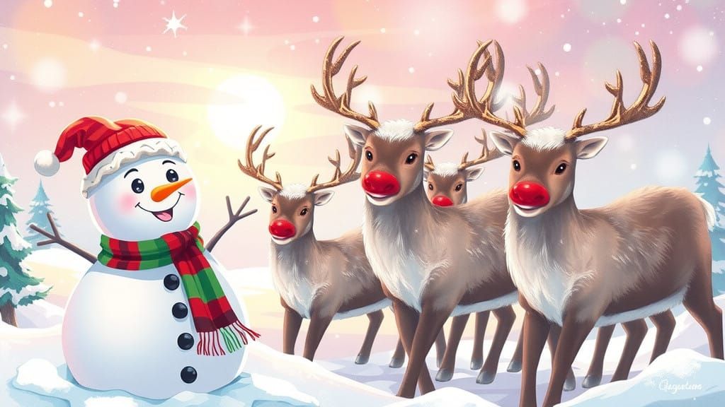 Vibrant Christmas Scene with Snowman and Red Nose Reindeer