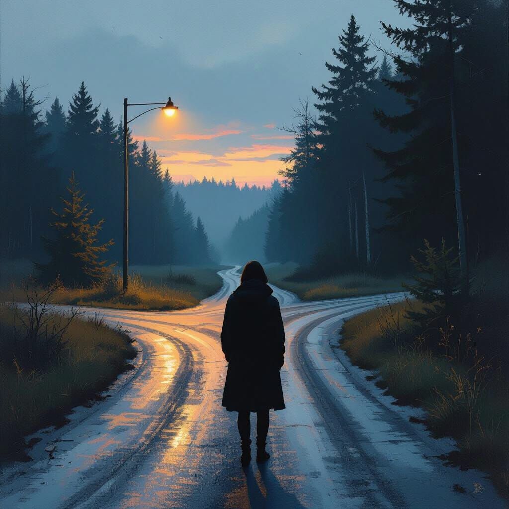 Crossroads at Twilight: A Photorealistic Chiaroscuro Image