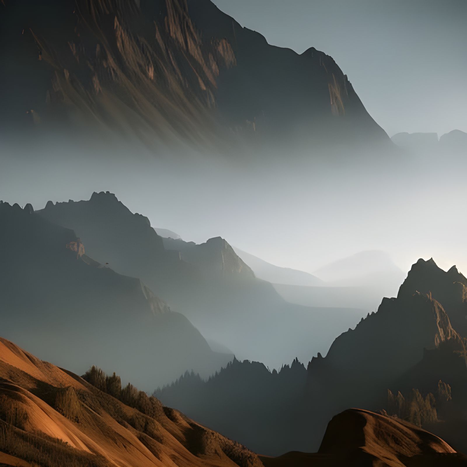Misty Mountain Landscape in Dark Fantasy Style