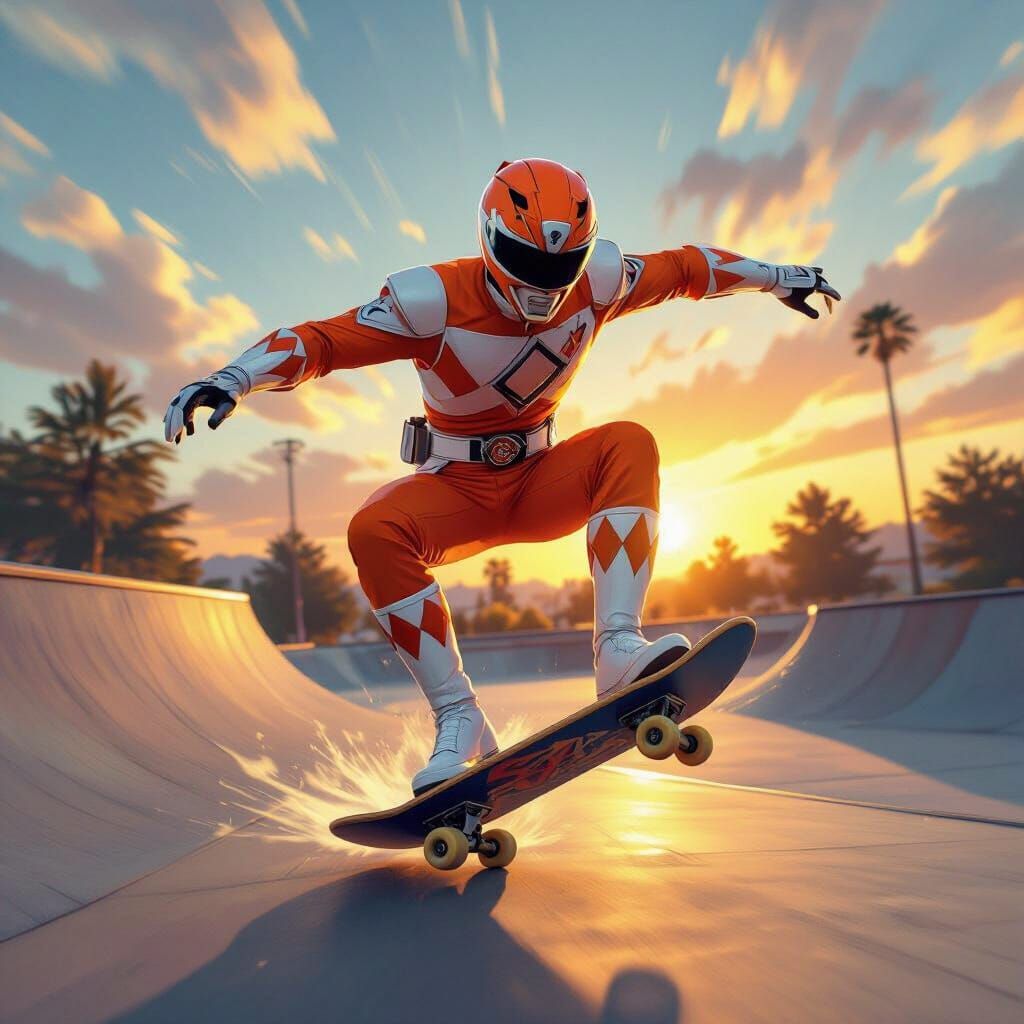 Orange Ranger Skateboard Stunt in Digital Painting Style
