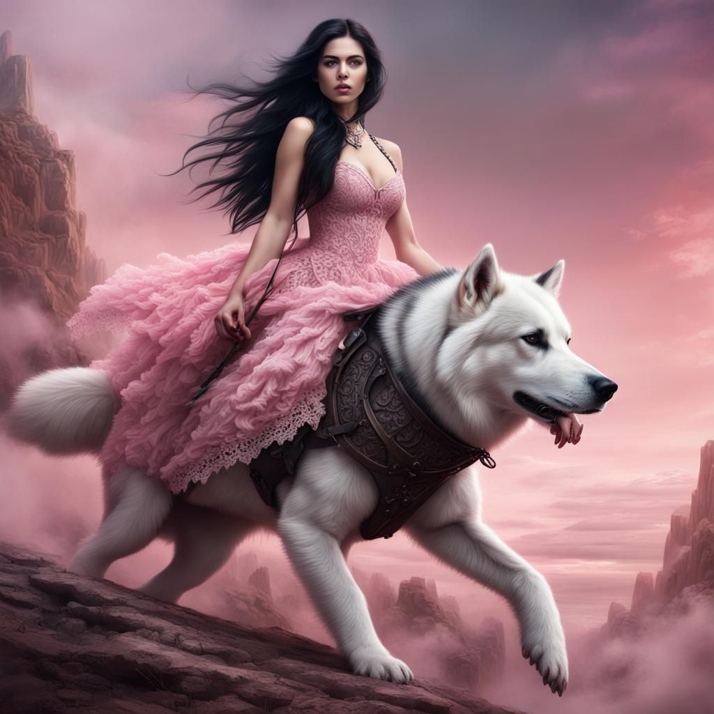 Woman Riding Husky in Steampunk Digital Painting