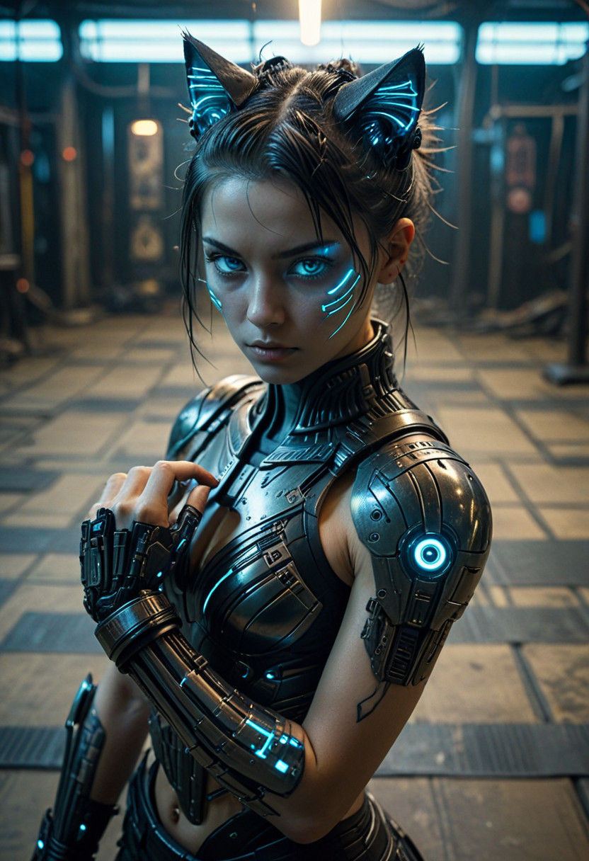 Woman with Cat Ears Trains in Cyberpunk Martial Arts