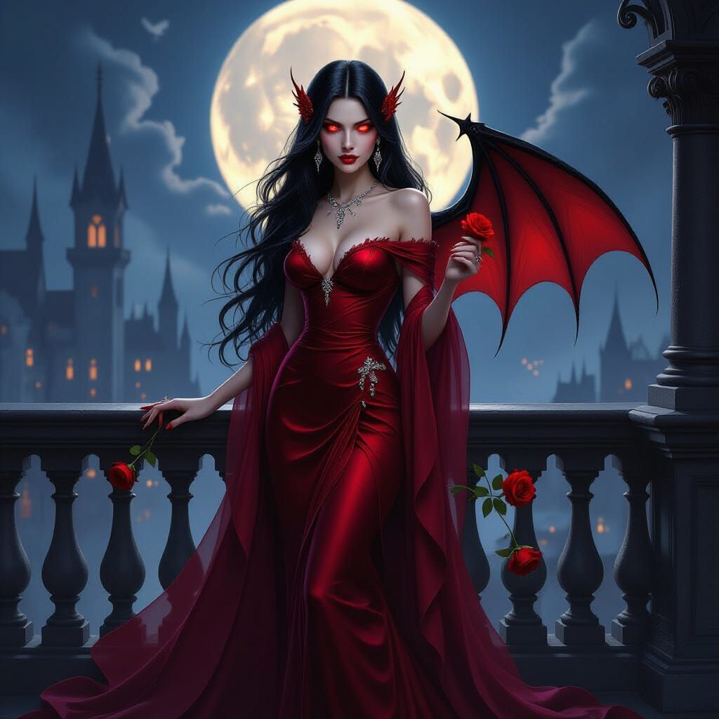 Succubus on Balcony Overlooking Gothic City