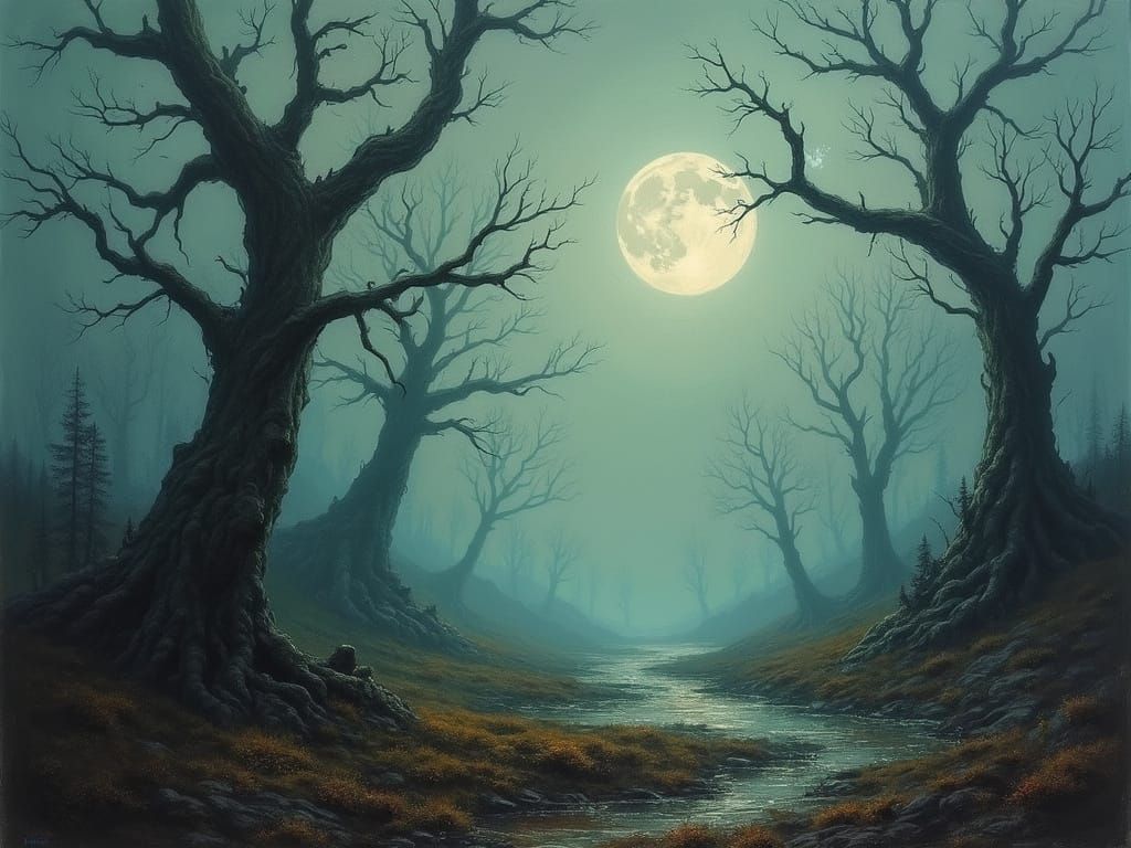 Ethereal Doom: Somber Landscape in Impressionist Style