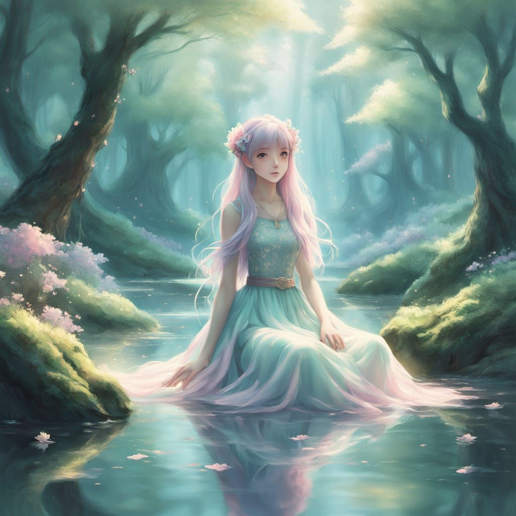 Anime Girl by Glowing Stream in Enchanted Forest