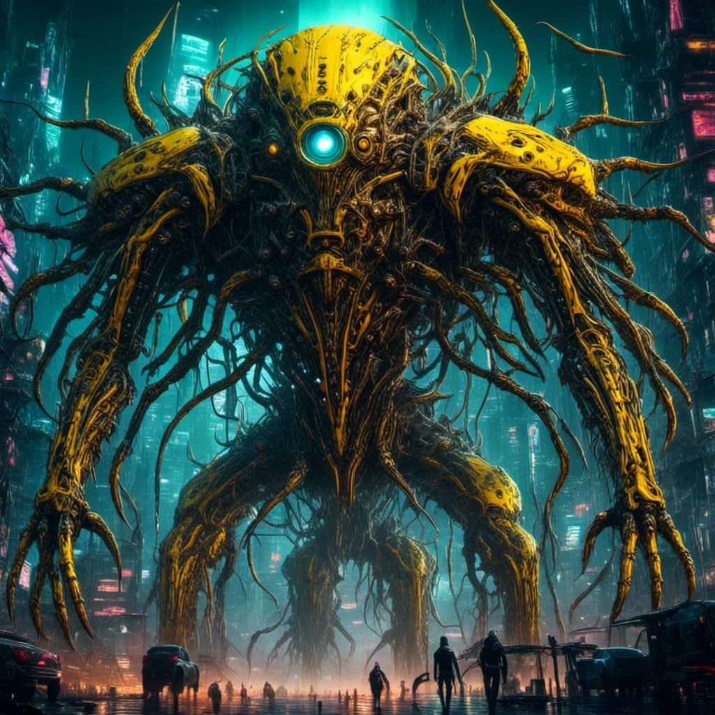 Cybernetic Monster in Cyberpunk Metropolis: Digital Art